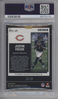 Justin Fields from the 2021 Panini Contenders Optic set featuring a Blue parallel graded by PSA and given an overall grade of 9.5.
