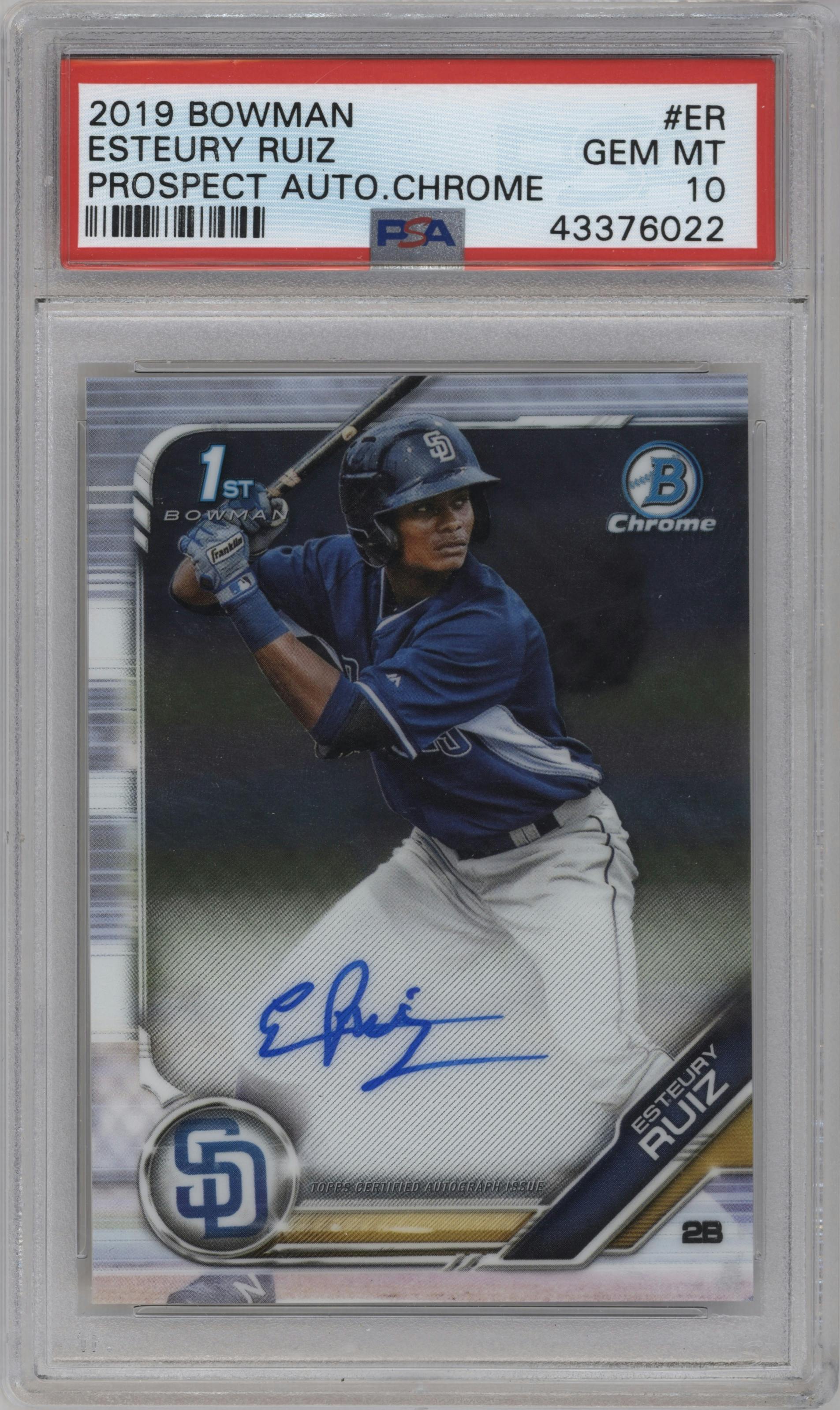 Esteury Ruiz from the 2019 Bowman  set graded by PSA and given an overall grade of 10.