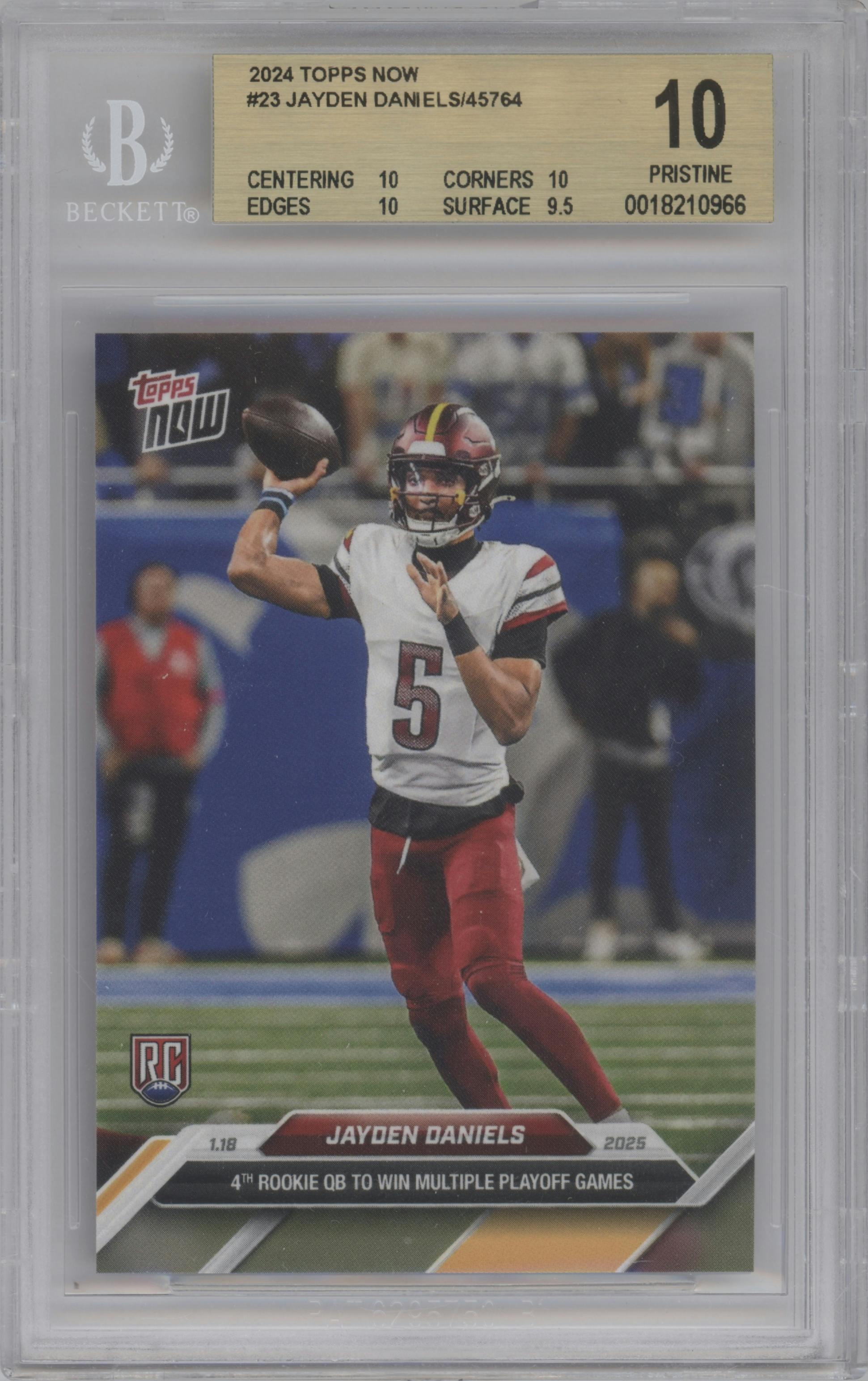 Jayden Daniels from the 2024 Topps Now set graded by Beckett and given an overall grade of 10.
