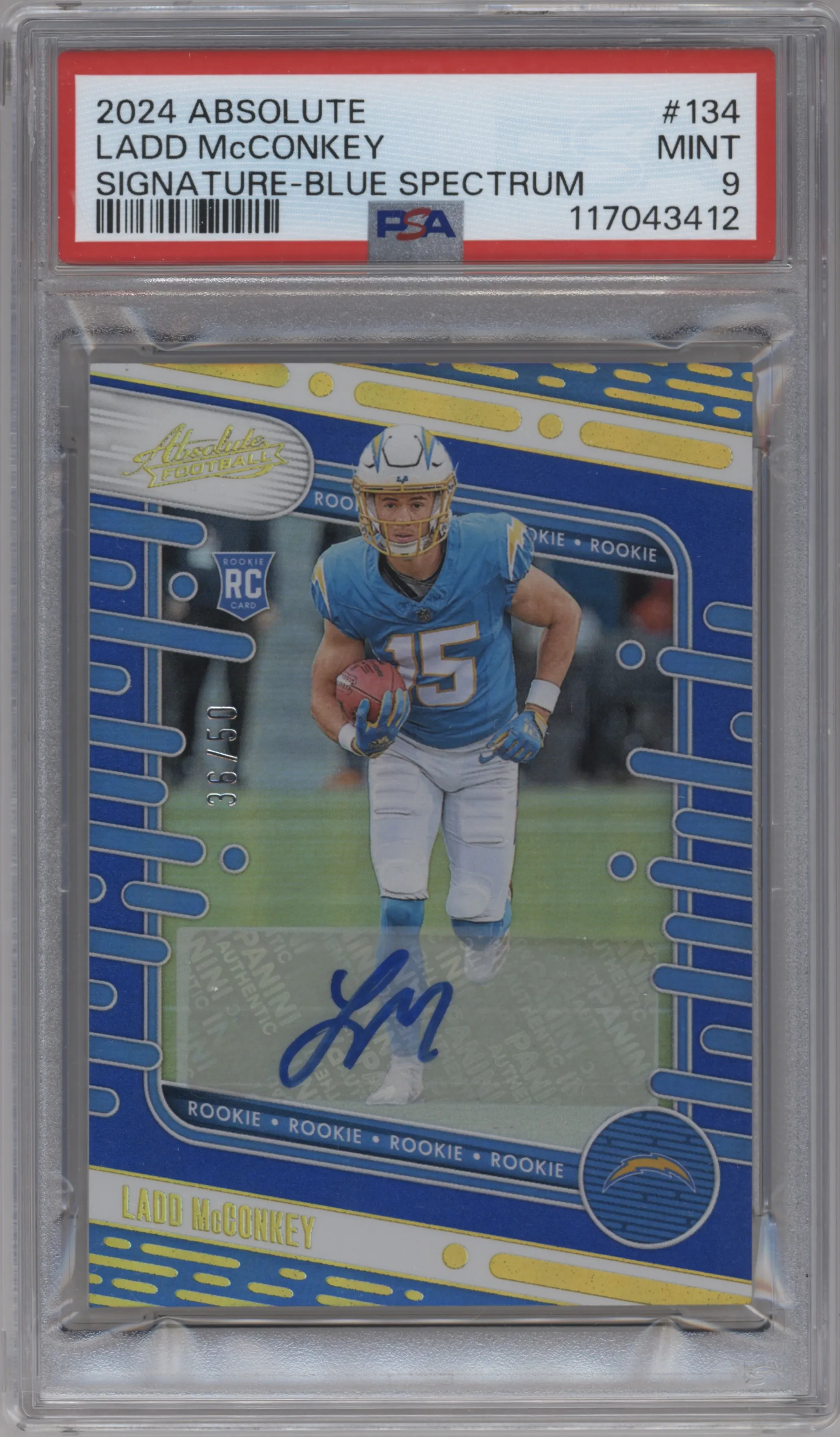 2024 Panini Absolute Sig.Rookies Ladd McConkey Blue Spectrum #134 PSA 9