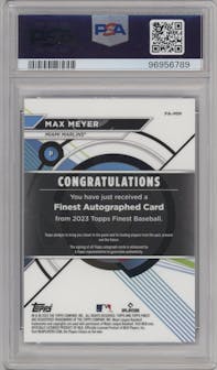 Max Meyer from the 2023 Topps Finest set featuring a Blue Refractor parallel graded by PSA and given an overall grade of 9.