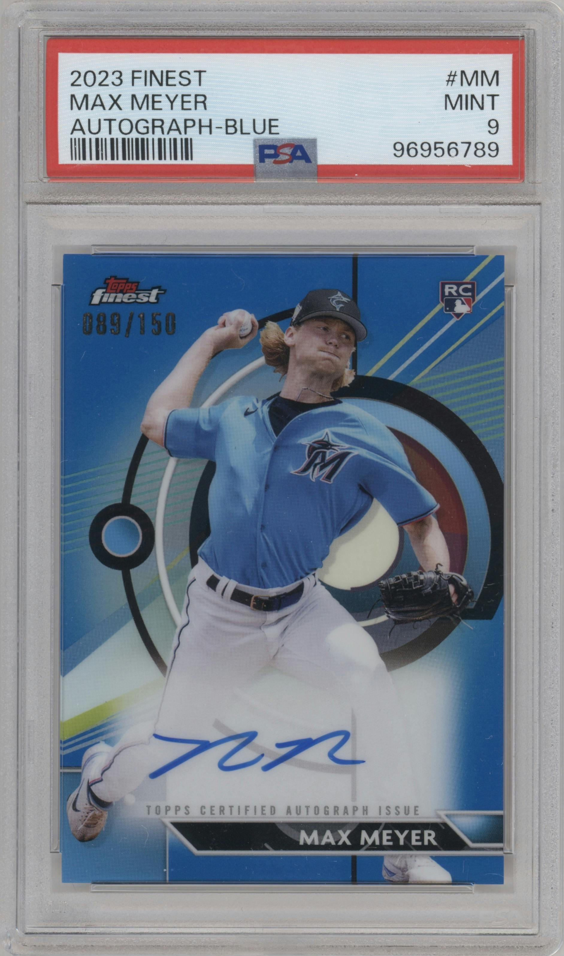 Max Meyer from the 2023 Topps Finest set featuring a Blue Refractor parallel graded by PSA and given an overall grade of 9.