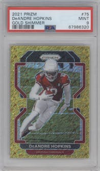 DeAndre Hopkins from the 2021 Panini Prizm set featuring a Gold Shimmer parallel graded by PSA and given an overall grade of 9.
