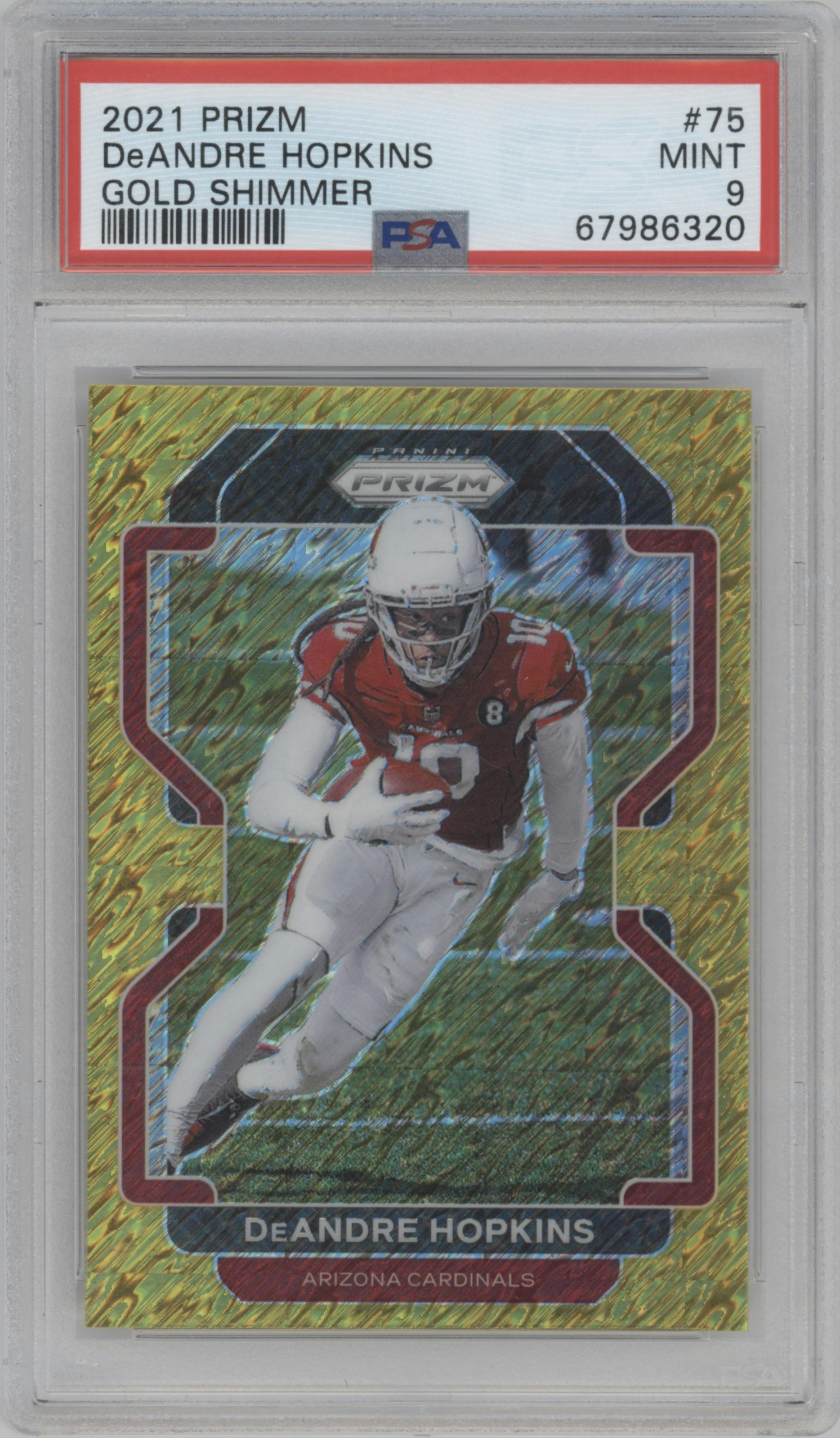 DeAndre Hopkins from the 2021 Panini Prizm set featuring a Gold Shimmer parallel graded by PSA and given an overall grade of 9.