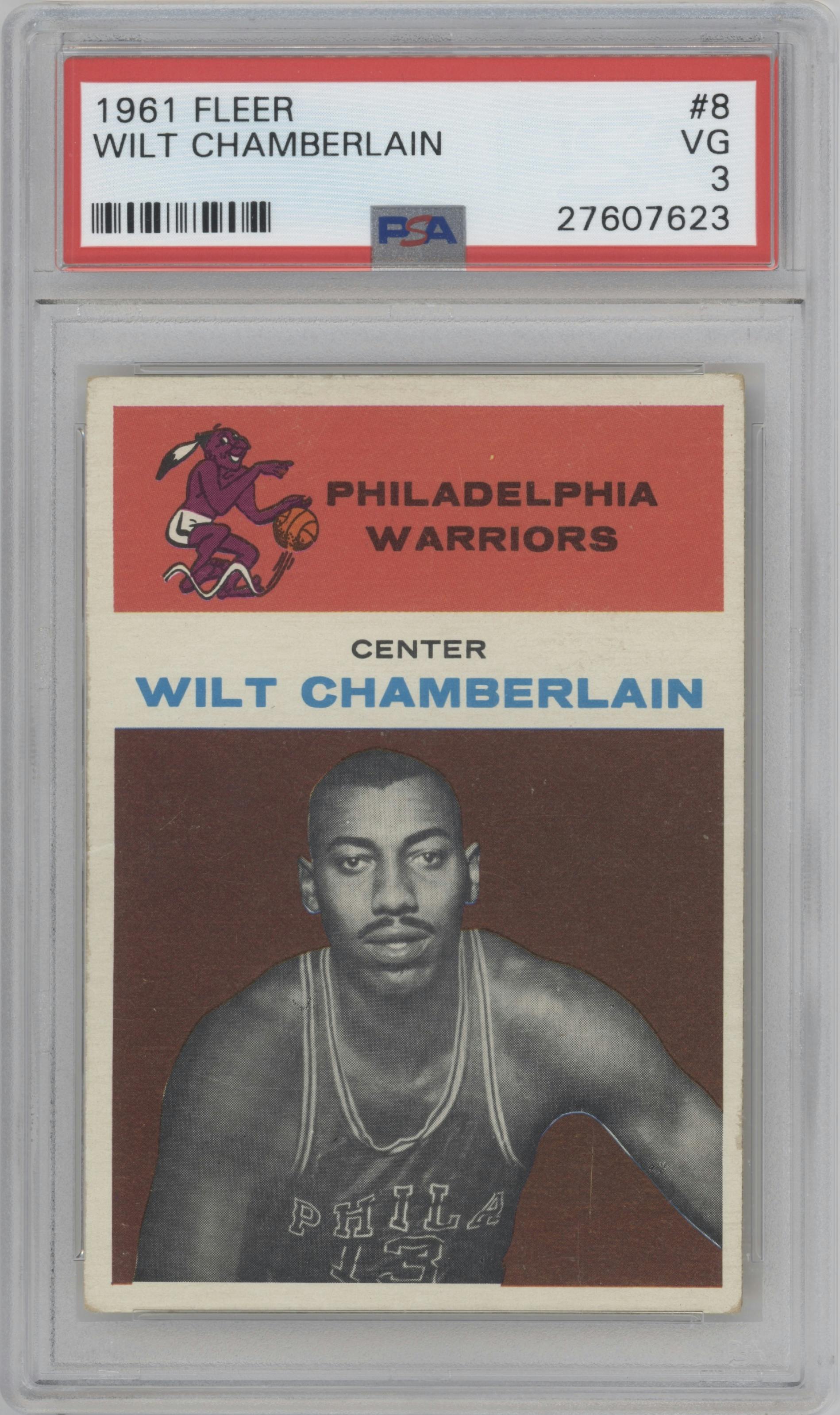 Wilt Chamberlain from the 1961 Fleer set graded by PSA and given an overall grade of 3.
