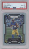 Puka Nacua from the 2023 Panini Prizm set featuring a Silver Prizm parallel graded by PSA and given an overall grade of 10.
