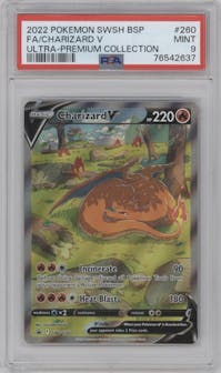 Charizard V from the 2022 Pokemon SWSH set featuring a Ultra Premium Collection parallel graded by PSA and given an overall grade of 9.