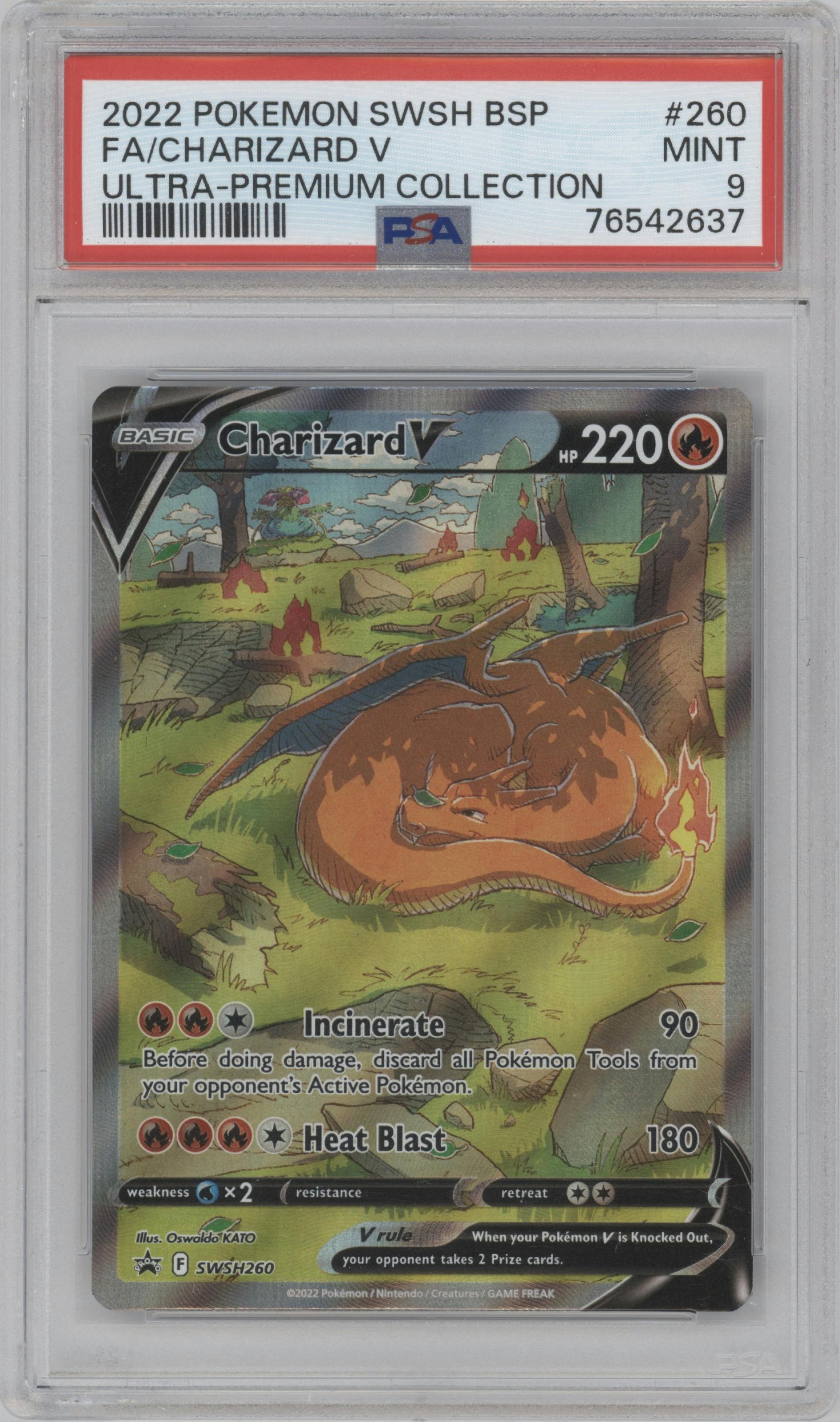 Charizard V from the 2022 Pokemon SWSH set featuring a Ultra Premium Collection parallel graded by PSA and given an overall grade of 9.