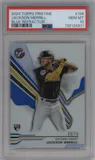 Jackson Merrill from the 2024 Topps Pristine set featuring a Blue Refractor parallel graded by PSA and given an overall grade of 10.