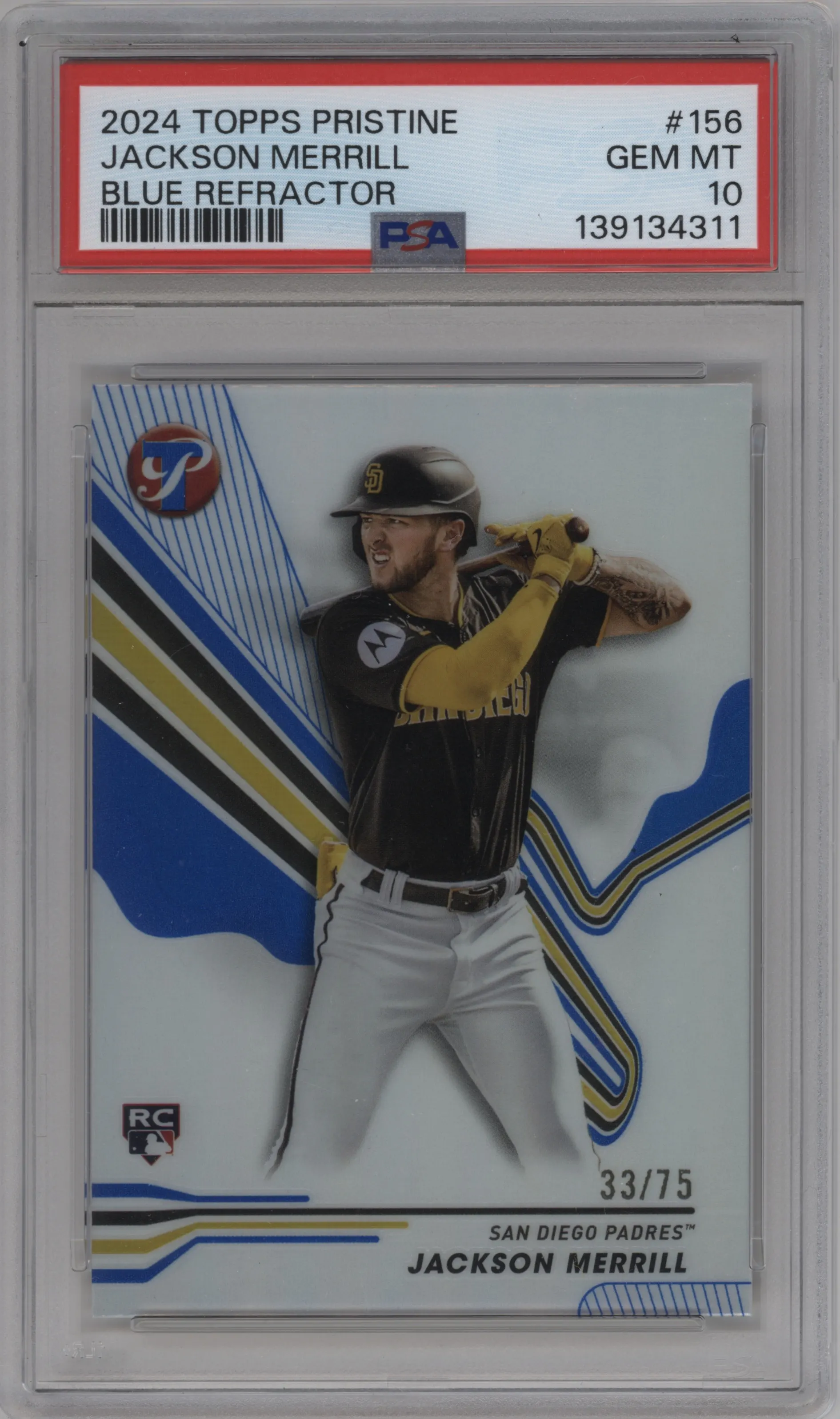 Jackson Merrill from the 2024 Topps Pristine set featuring a Blue Refractor parallel graded by PSA and given an overall grade of 10.