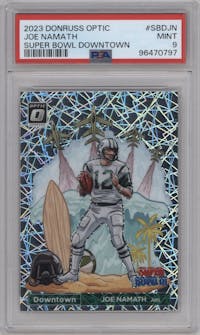 Joe Namath from the 2023 Donruss Optic set graded by PSA and given an overall grade of 9.
