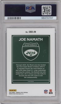 Joe Namath from the 2023 Donruss Optic set graded by PSA and given an overall grade of 9.