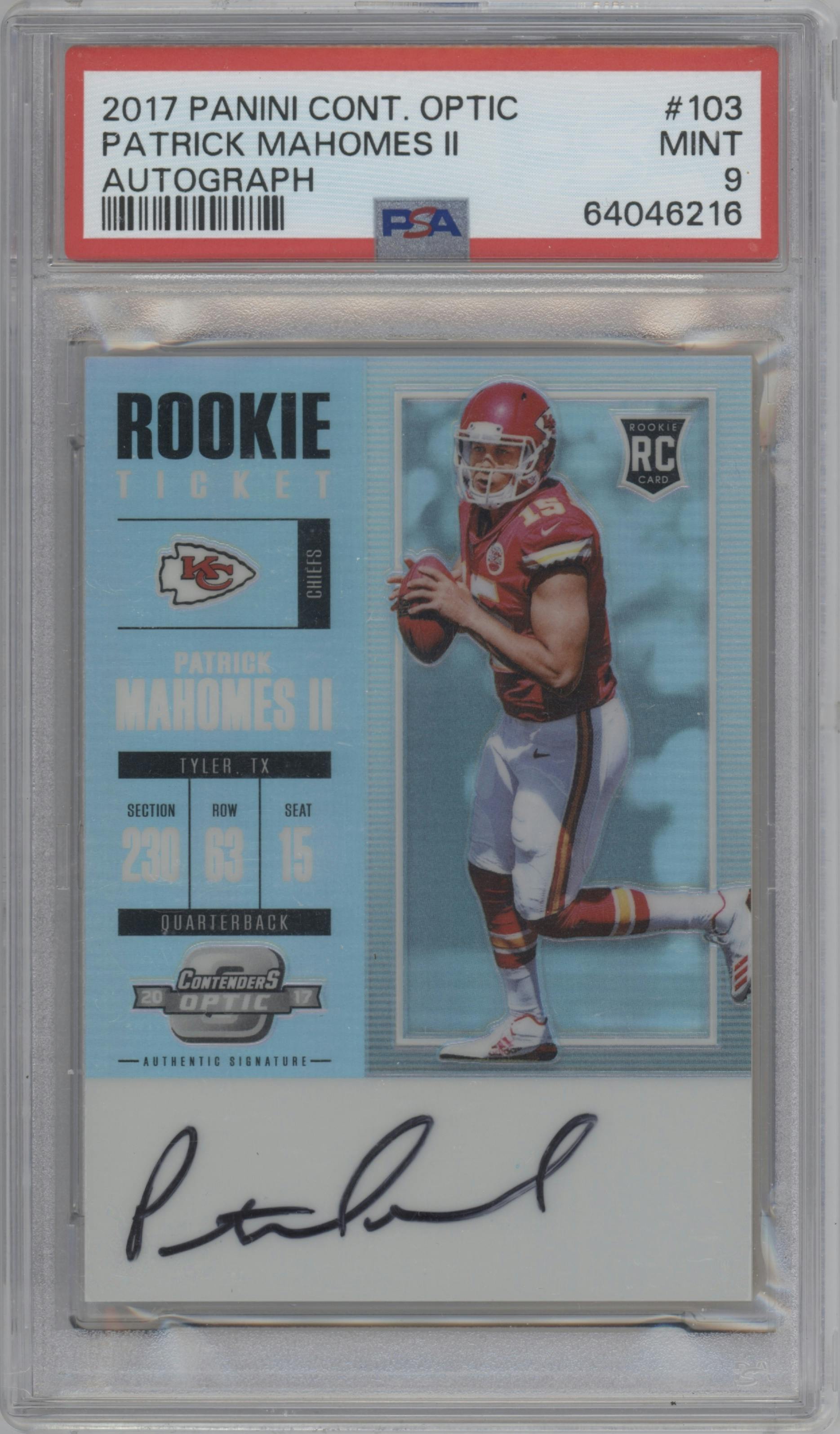 Patrick Mahomes II from the 2017 Panini Contenders Optic set graded by PSA and given an overall grade of 9.