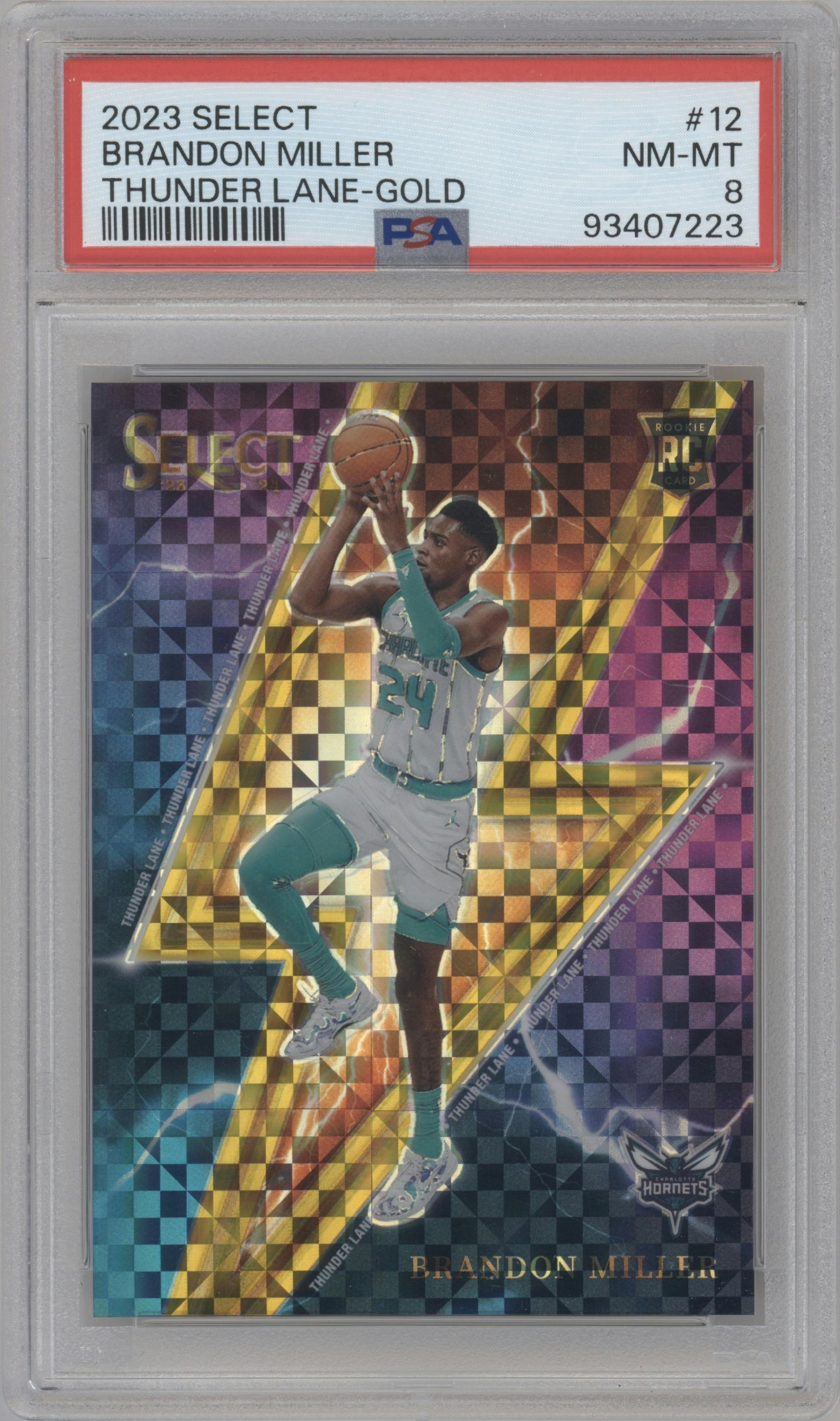 Brandon Miller from the 2023-24 Panini Select  set featuring a Gold Prizm parallel graded by PSA and given an overall grade of 8.