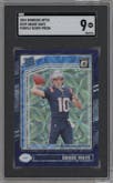 Drake Maye from the 2024 Donruss Optic set featuring a Purple Scope parallel graded by SGC and given an overall grade of 9.