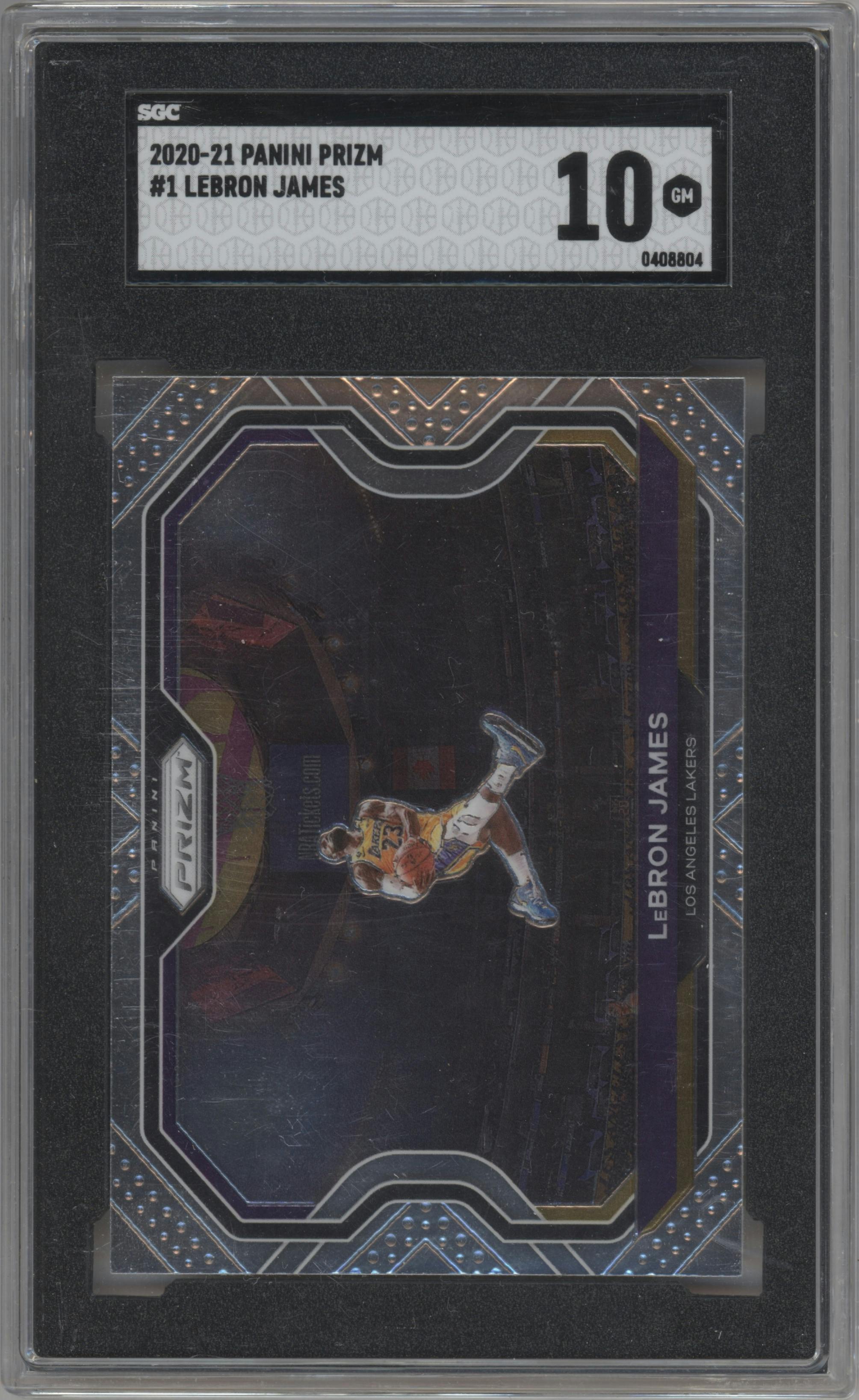 LeBron James from the 2020-21 Panini Prizm set graded by SGC and given an overall grade of 10.