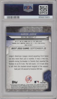 Aaron Judge from the 2023 Bowman's Best set featuring a Gold Lava Refractor parallel graded by PSA and given an overall grade of 10.