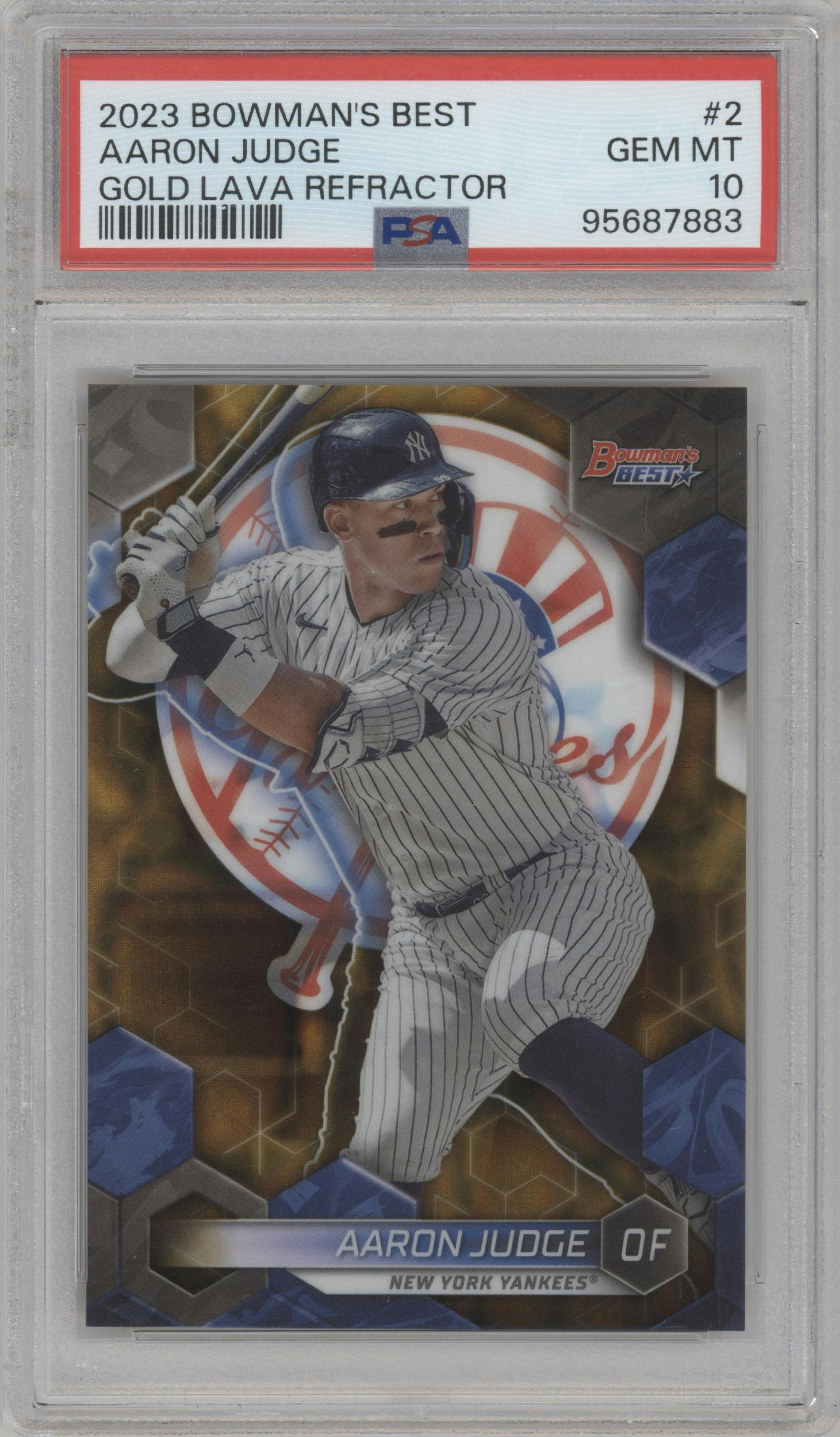 Aaron Judge from the 2023 Bowman's Best set featuring a Gold Lava Refractor parallel graded by PSA and given an overall grade of 10.