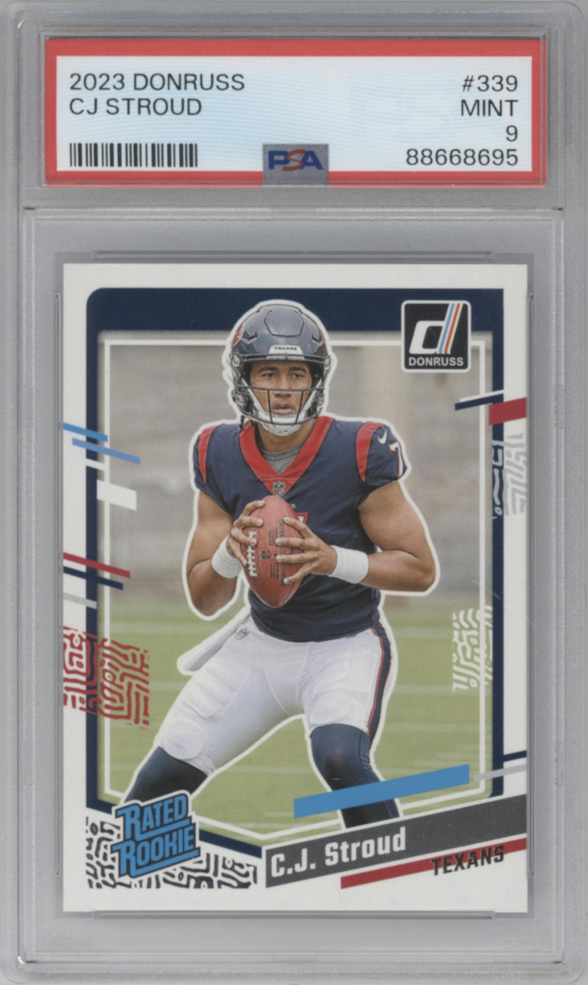 C.J. Stroud from the 2023 Panini Donruss set graded by PSA and given an overall grade of 9.