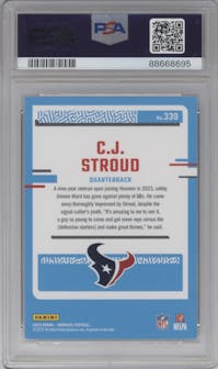 C.J. Stroud from the 2023 Panini Donruss set graded by PSA and given an overall grade of 9.