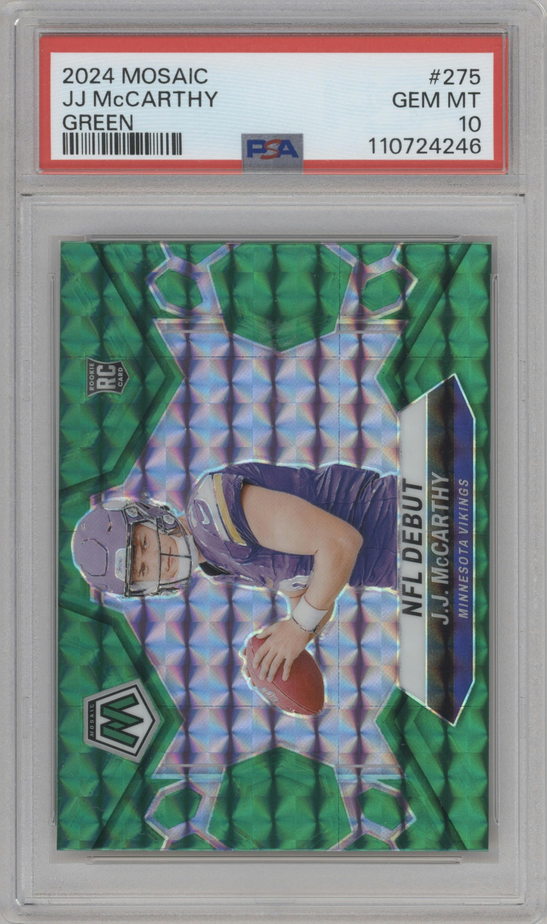 J.J. McCarthy from the 2024 Panini Mosaic set featuring a Green Mosaic parallel graded by PSA and given an overall grade of 10.