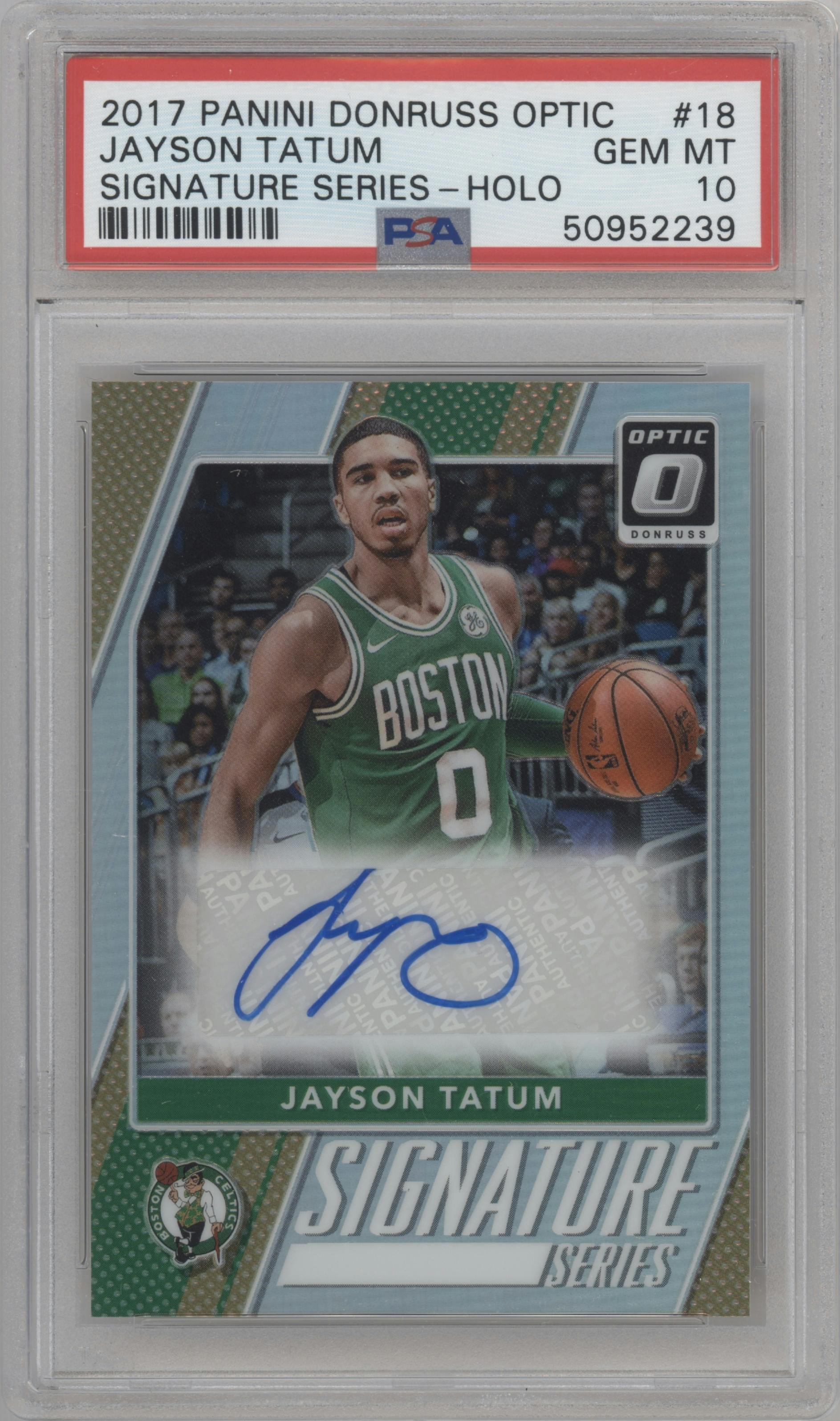 Jayson Tatum from the 2017-18 Panini Donruss Optic set featuring a Holo parallel graded by PSA and given an overall grade of 10.