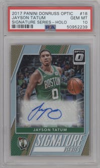 Jayson Tatum from the 2017-18 Panini Donruss Optic set featuring a Holo parallel graded by PSA and given an overall grade of 10.