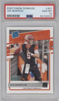 Joe Burrow from the 2020 Panini Donruss set graded by PSA and given an overall grade of 10.