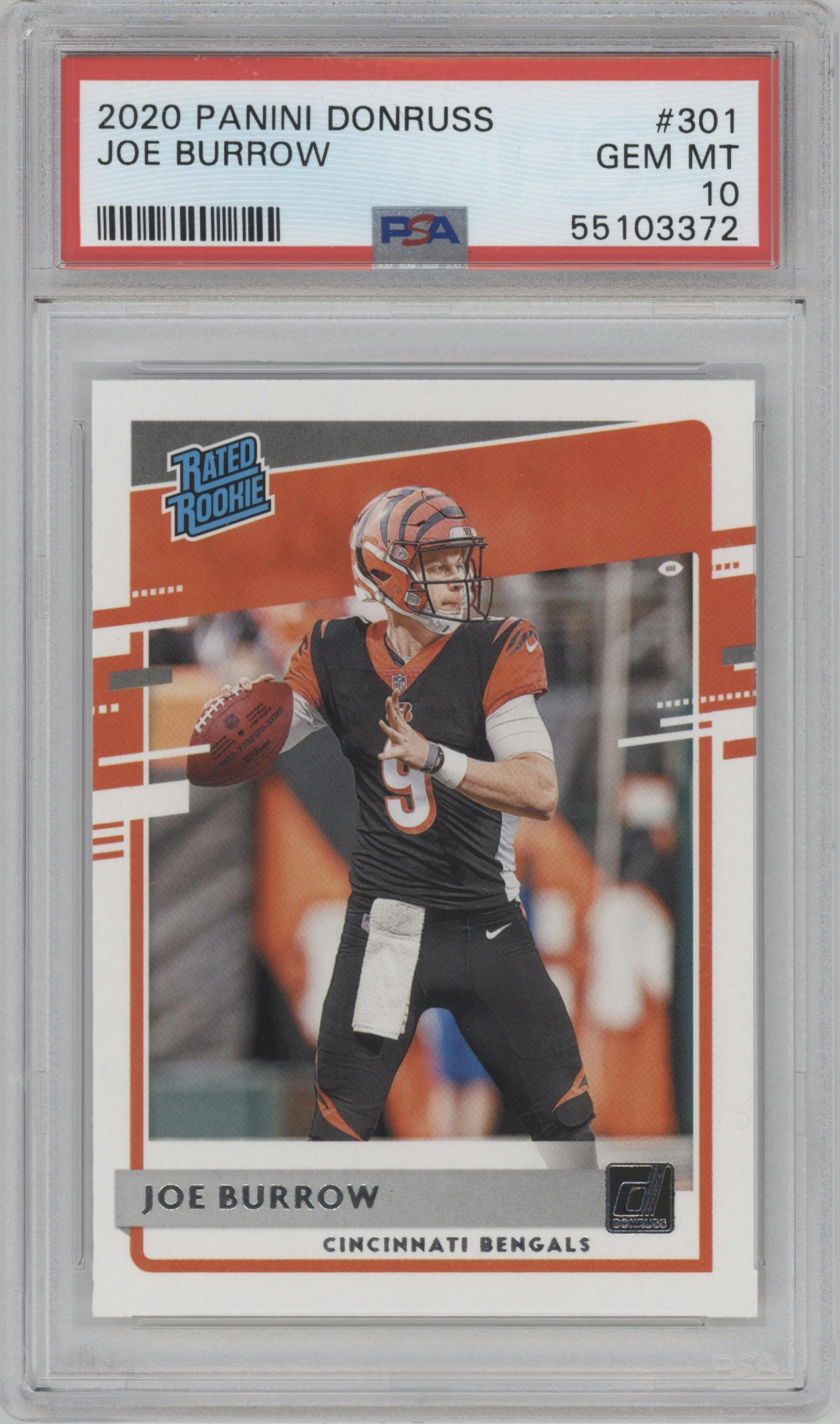 Joe Burrow from the 2020 Panini Donruss set graded by PSA and given an overall grade of 10.