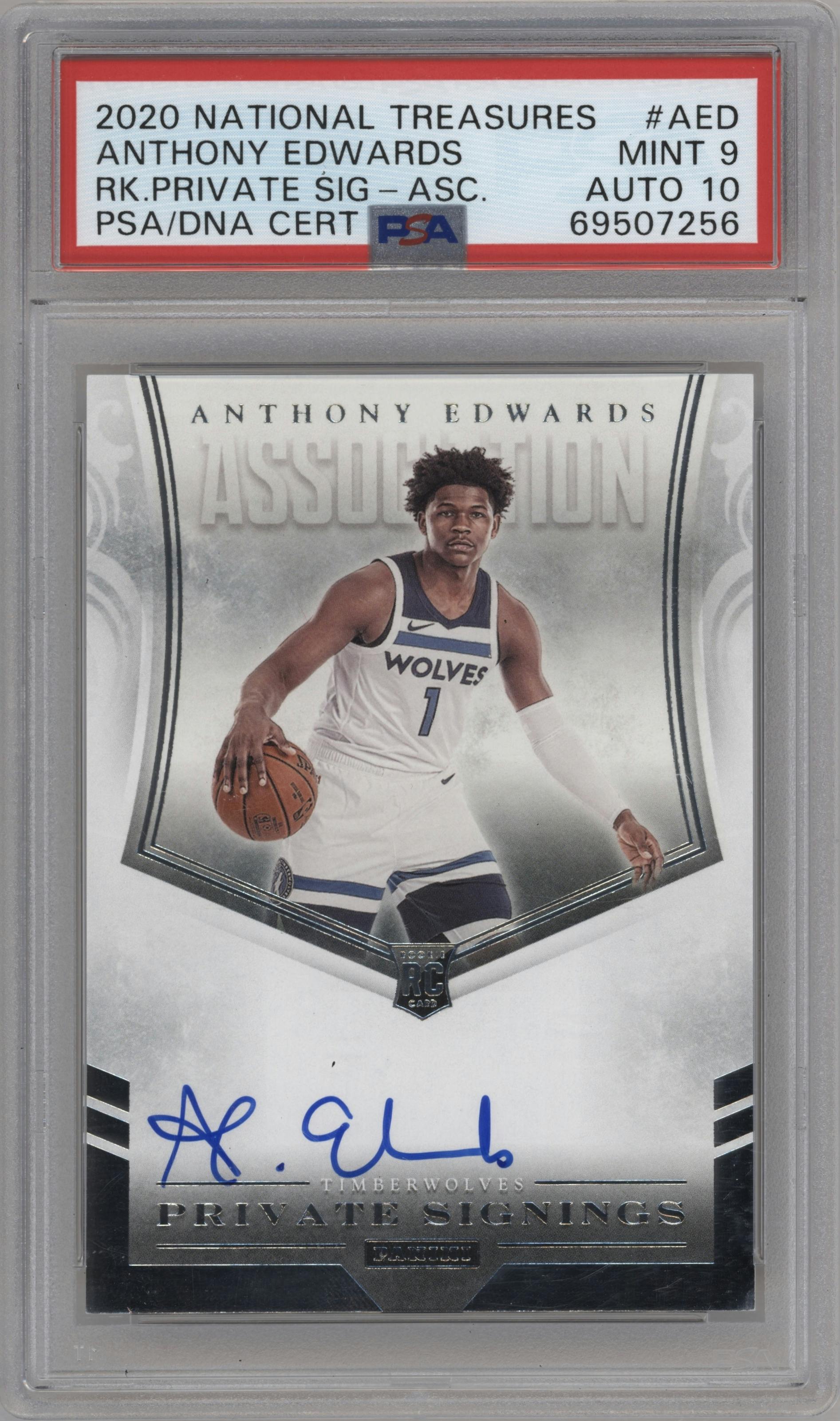 Anthony Edwards from the 2020-21 Panini National Treasures set graded by PSA and given an overall grade of 9.