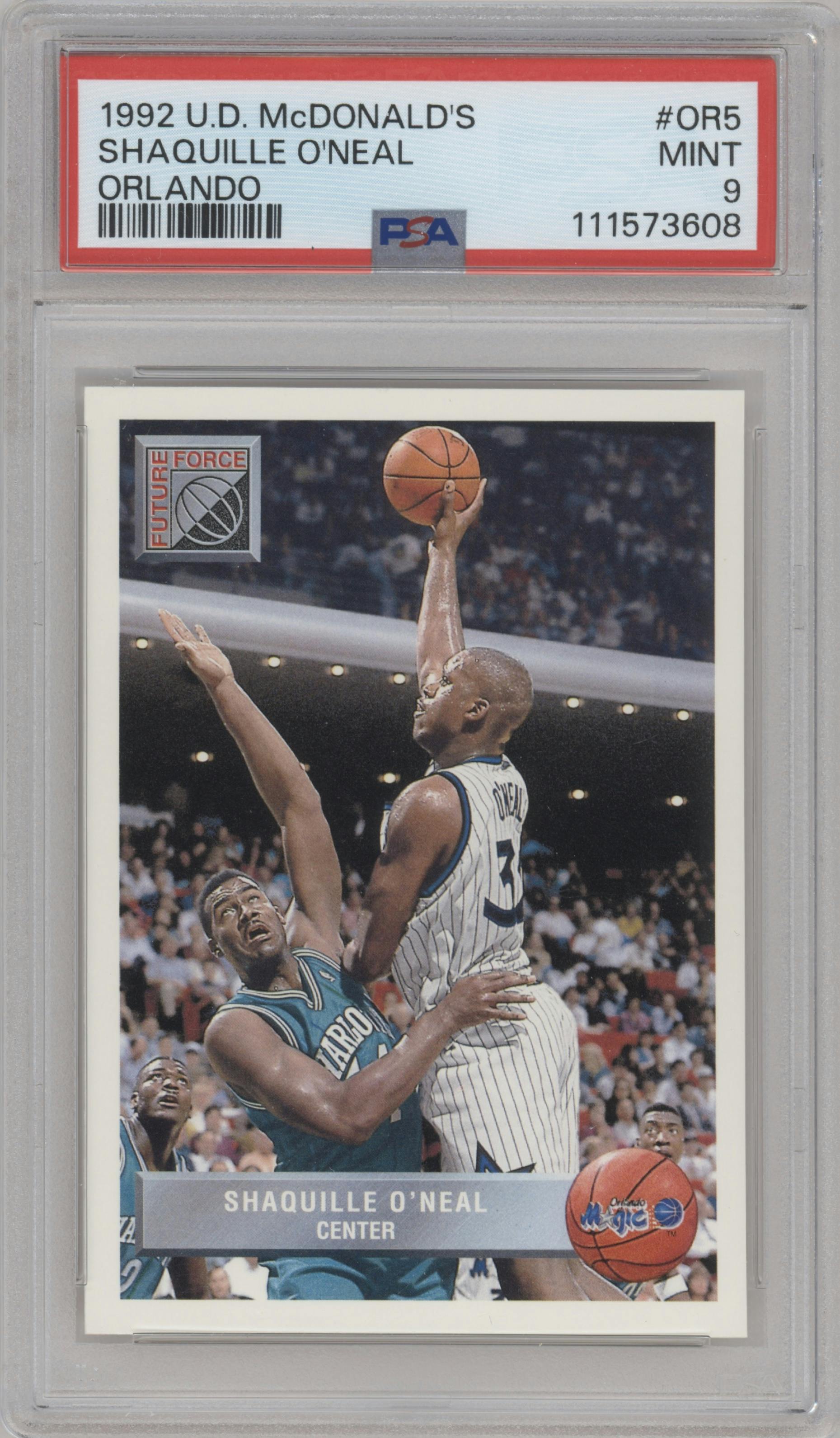 Shaquille O'Neal from the 1992-93 UD McDonald's set graded by PSA and given an overall grade of 9.
