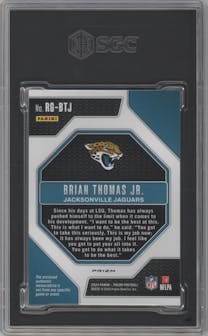 Brian Thomas Jr. from the 2024 Panini Prizm set featuring a Neon Green Pulsar parallel graded by SGC and given an overall grade of 10.