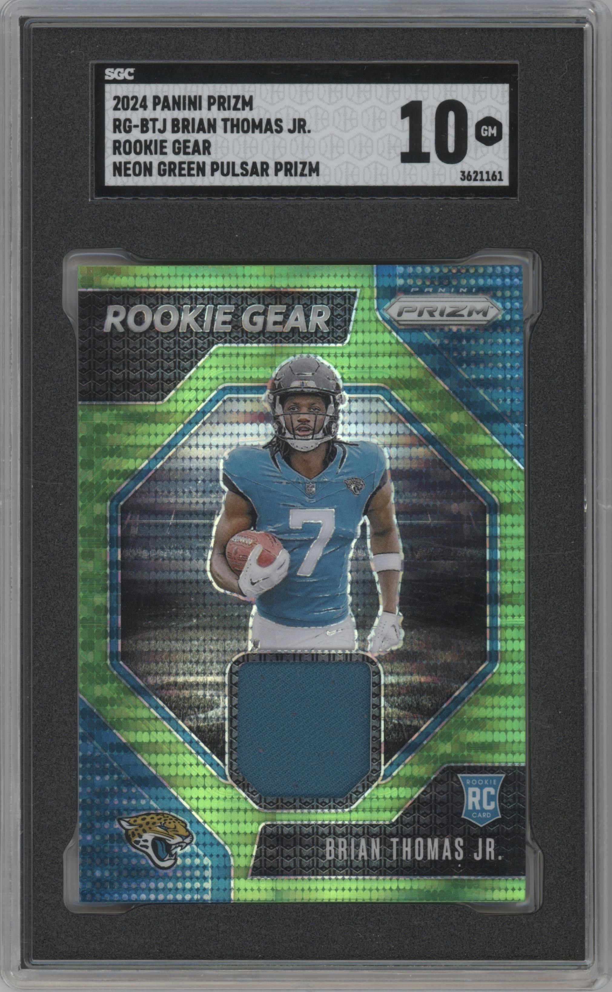Brian Thomas Jr. from the 2024 Panini Prizm set featuring a Neon Green Pulsar parallel graded by SGC and given an overall grade of 10.