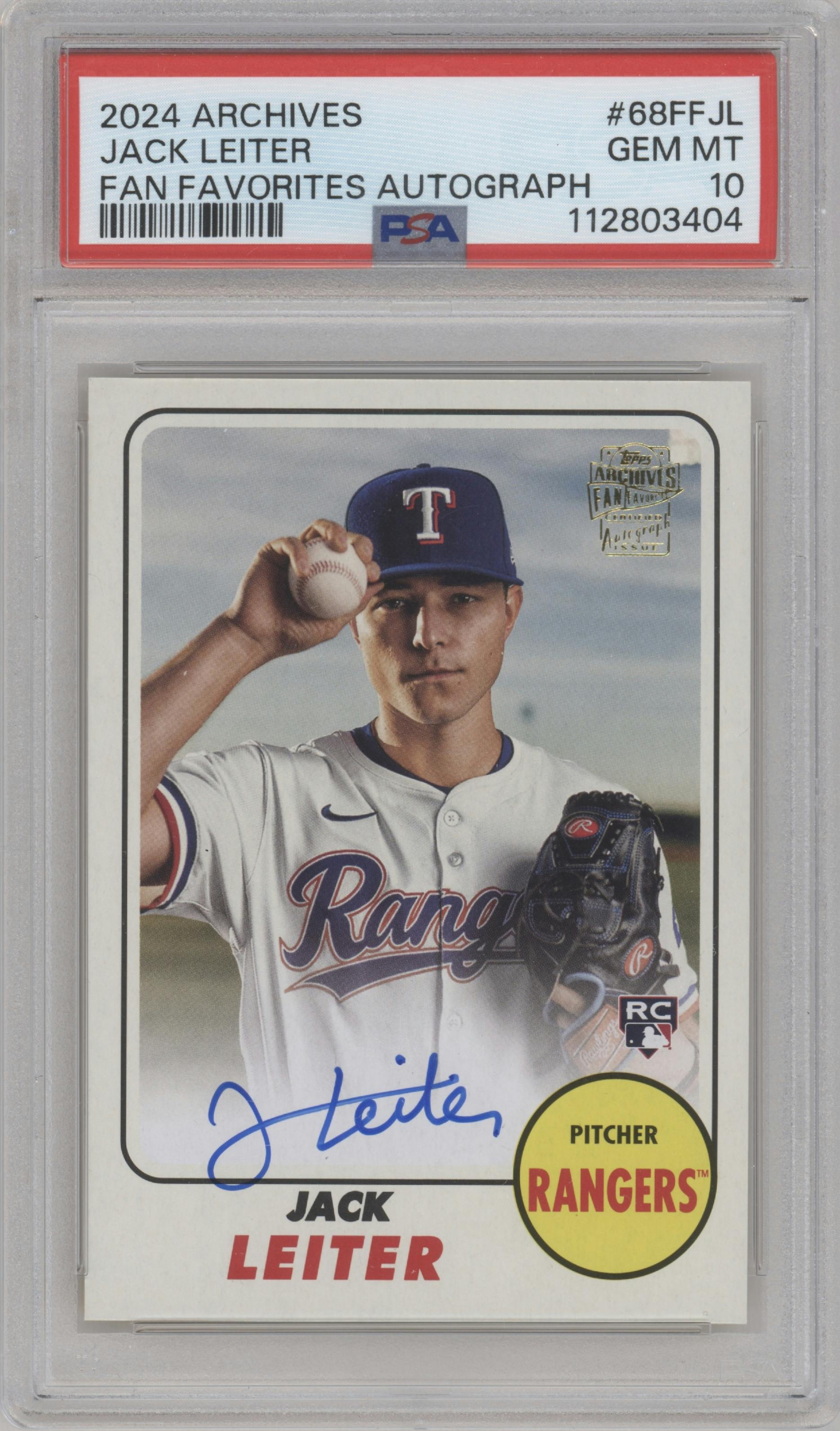 Jack Leiter from the 2024 Topps Archives set graded by PSA and given an overall grade of 10.
