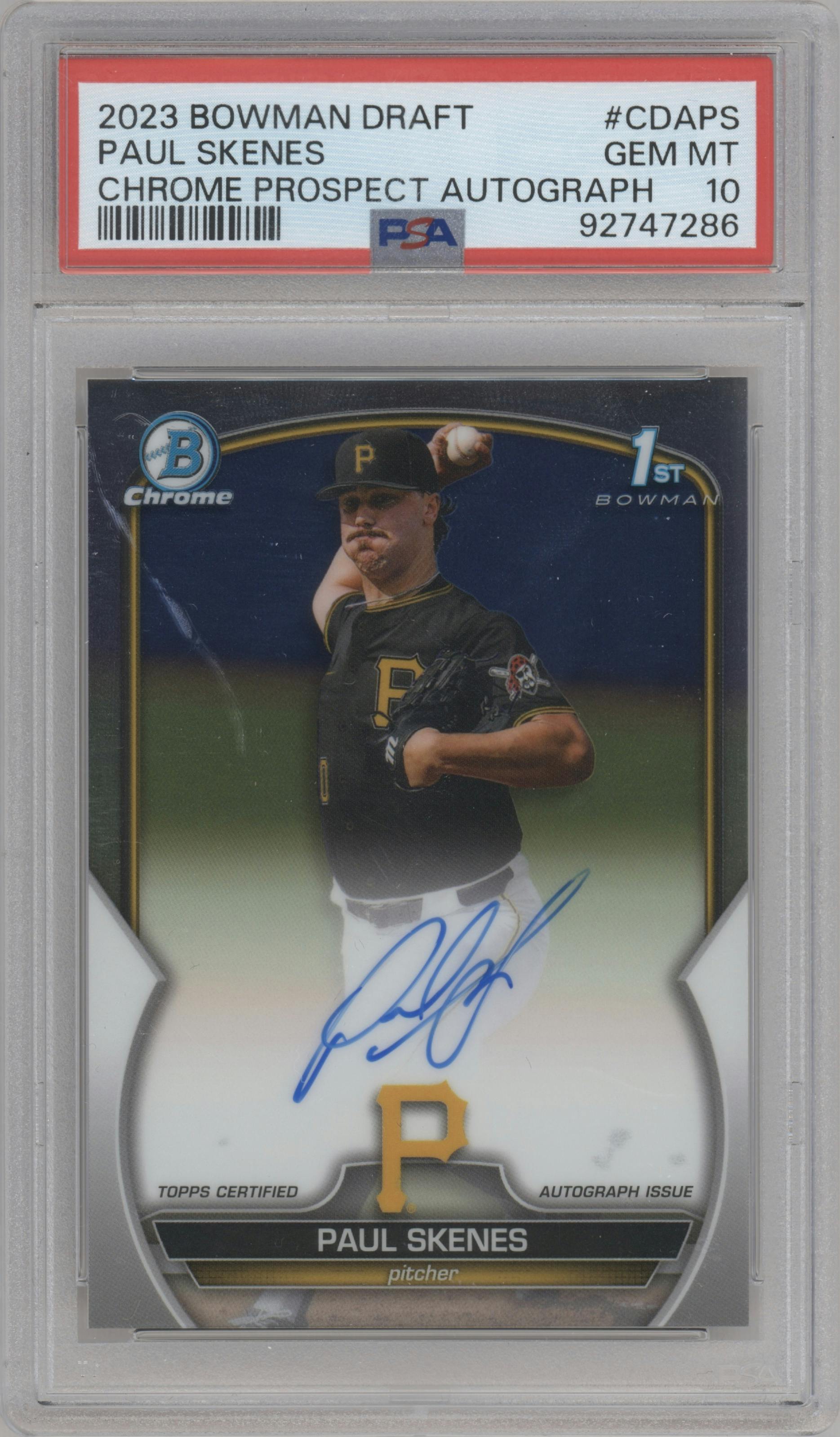 Paul Skenes from the 2023 Bowman Draft set graded by PSA and given an overall grade of 10.