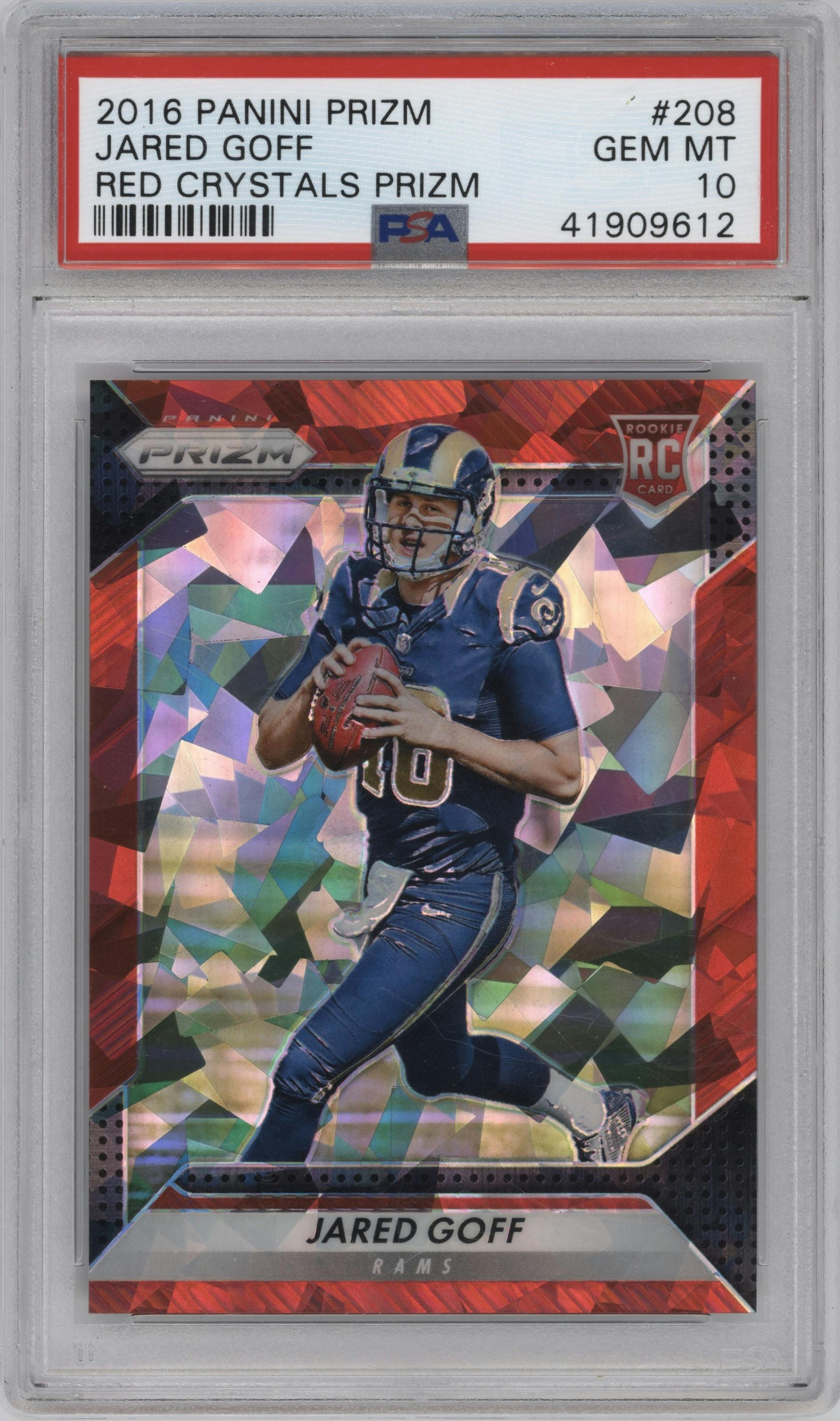 Jared Goff from the 2016 Panini Prizm set featuring a Red Crystals parallel graded by PSA and given an overall grade of 10.