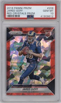 Jared Goff from the 2016 Panini Prizm set featuring a Red Crystals parallel graded by PSA and given an overall grade of 10.