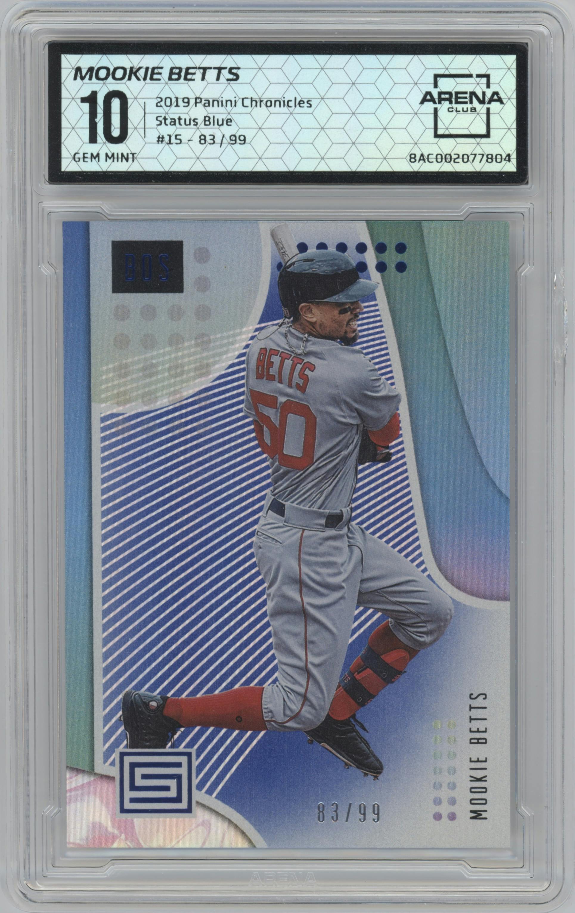 Mookie Betts from the 2019 Panini Chronicles set featuring a Blue parallel graded by Arena Club and given an overall grade of 10.