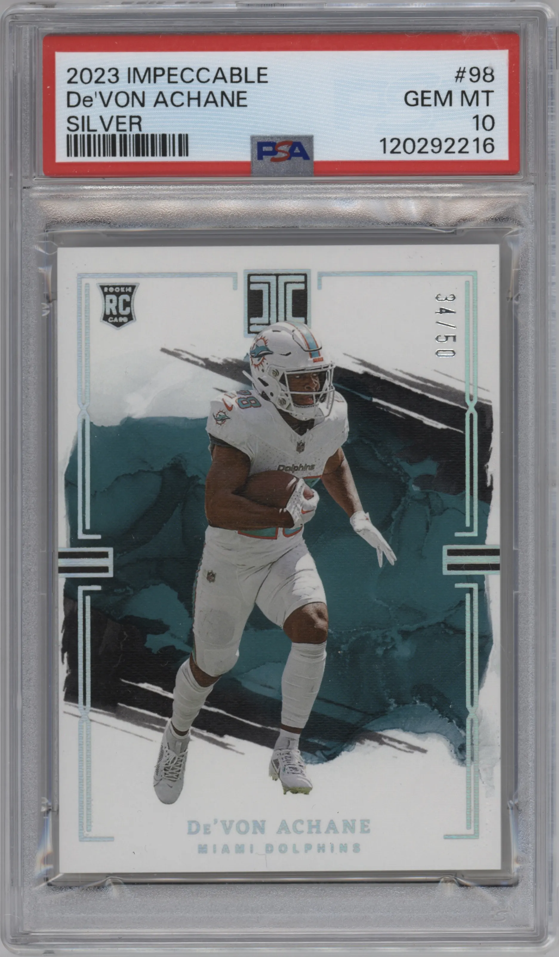 2023 Panini Impeccable De’Von Achane Silver #98 PSA 10