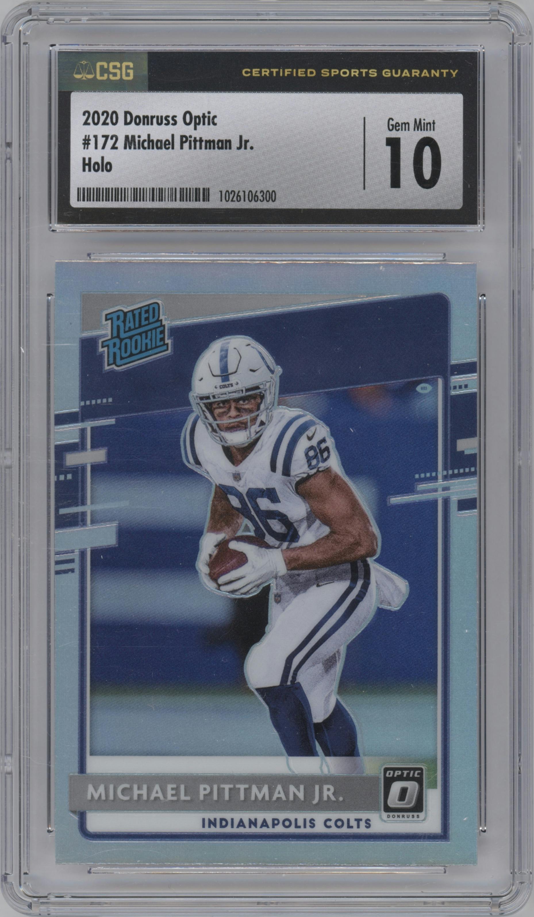 Michael Pittman Jr. from the 2020 Panini Donruss Optic set featuring a Holo parallel graded by CSG and given an overall grade of 10.