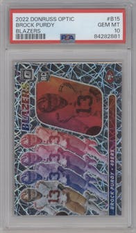 Brock Purdy from the 2022 Panini Donruss Optic set graded by PSA and given an overall grade of 10.
