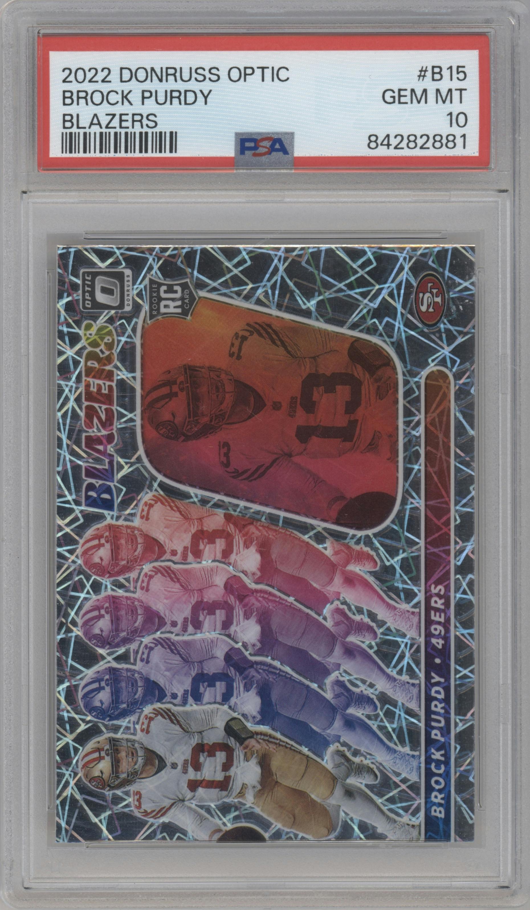 Brock Purdy from the 2022 Panini Donruss Optic set graded by PSA and given an overall grade of 10.