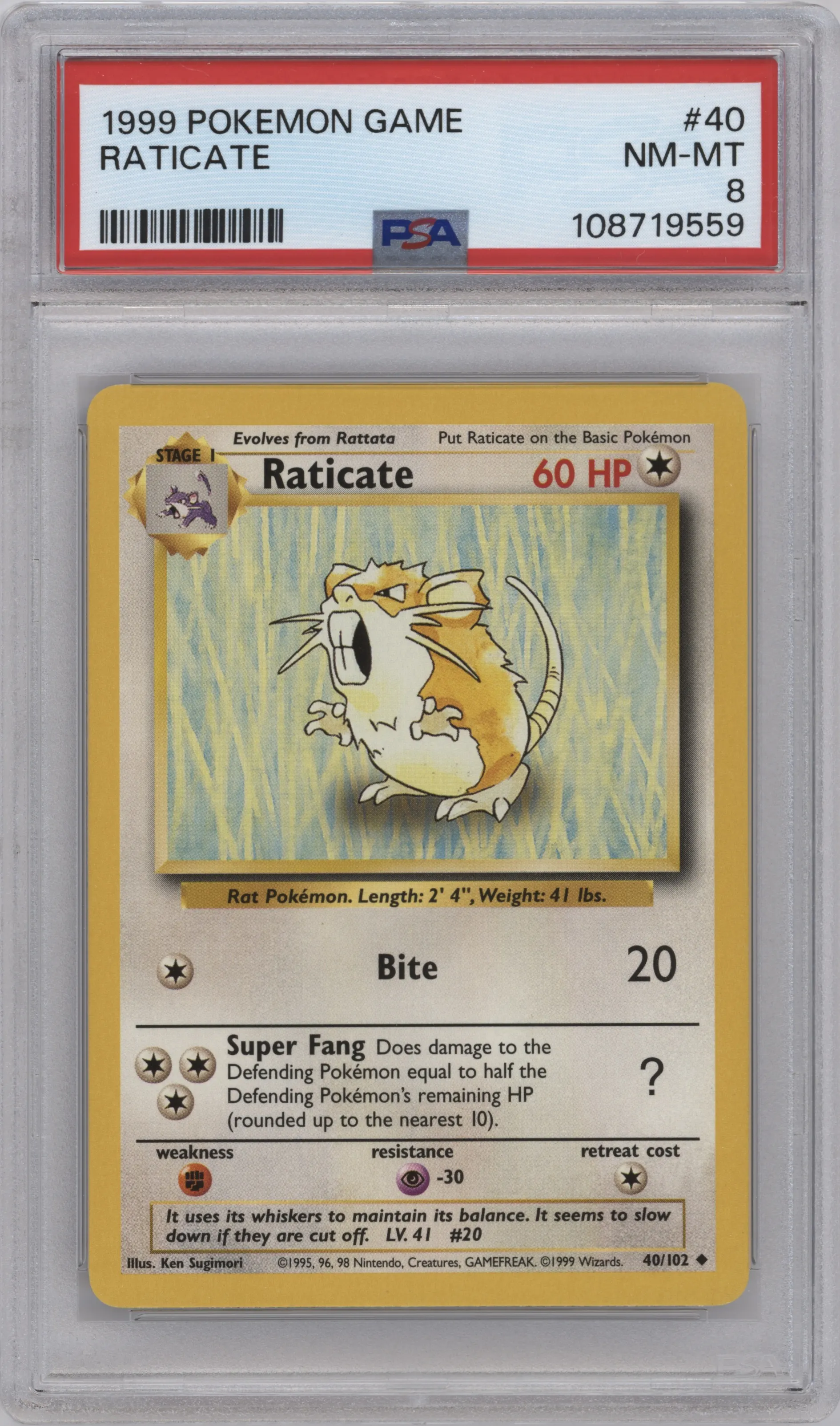 1999 Pokemon Base Set Raticate #40 PSA 8