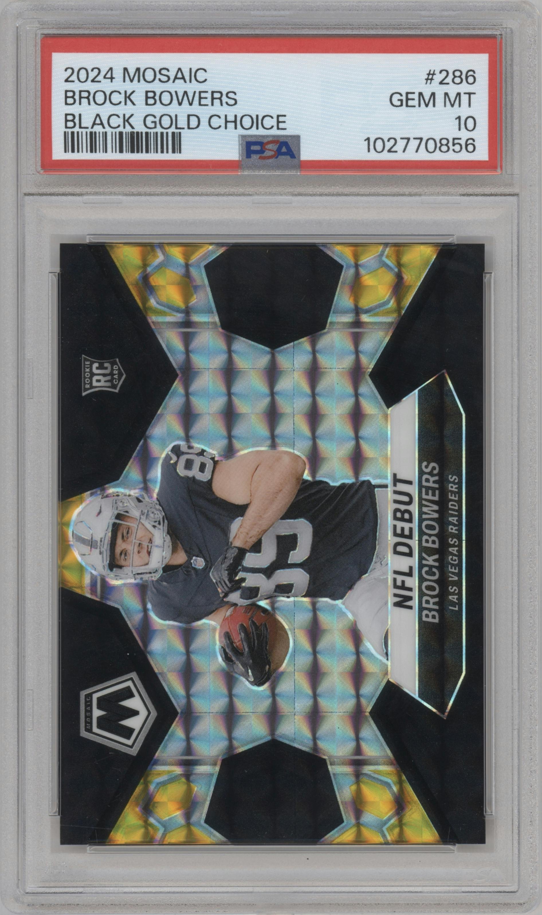Brock Bowers from the 2024 Panini Mosaic set featuring a Choice Black Gold parallel graded by PSA and given an overall grade of 10.