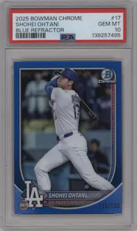 Shohei Ohtani from the 2025 Bowman Chrome set featuring a Blue parallel graded by PSA and given an overall grade of 10.
