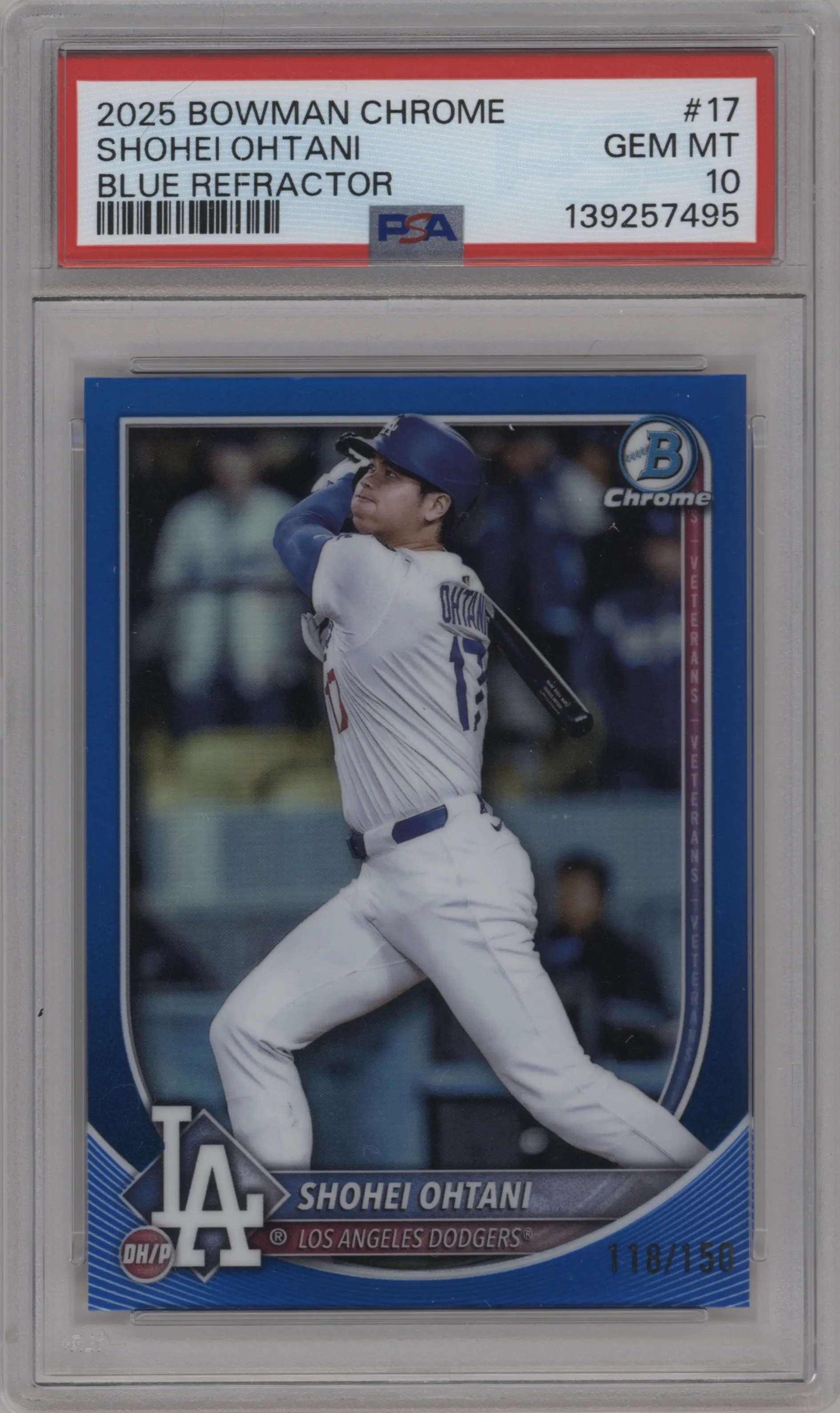 Shohei Ohtani from the 2025 Bowman Chrome set featuring a Blue parallel graded by PSA and given an overall grade of 10.