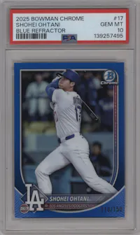 Shohei Ohtani from the 2025 Bowman Chrome set featuring a Blue parallel graded by PSA and given an overall grade of 10.