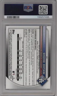 Shohei Ohtani from the 2025 Bowman Chrome set featuring a Blue parallel graded by PSA and given an overall grade of 10.