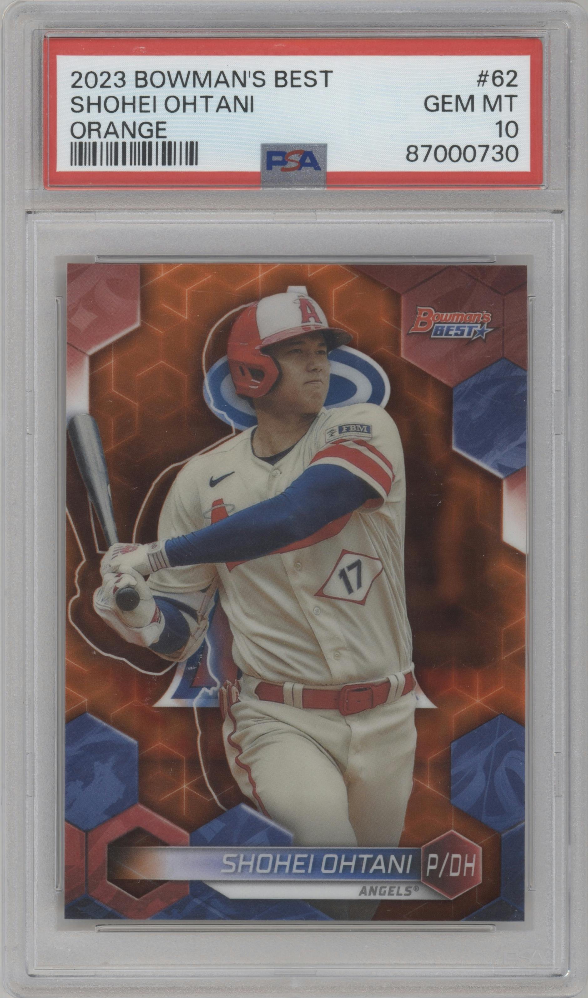 Shohei Ohtani from the 2023 Bowman's Best set featuring a Orange Refractor parallel graded by PSA and given an overall grade of 10.