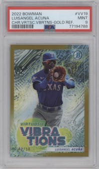 Luisangel Acuna from the 2022 Bowman set featuring a Gold Refractor parallel graded by PSA and given an overall grade of 9.